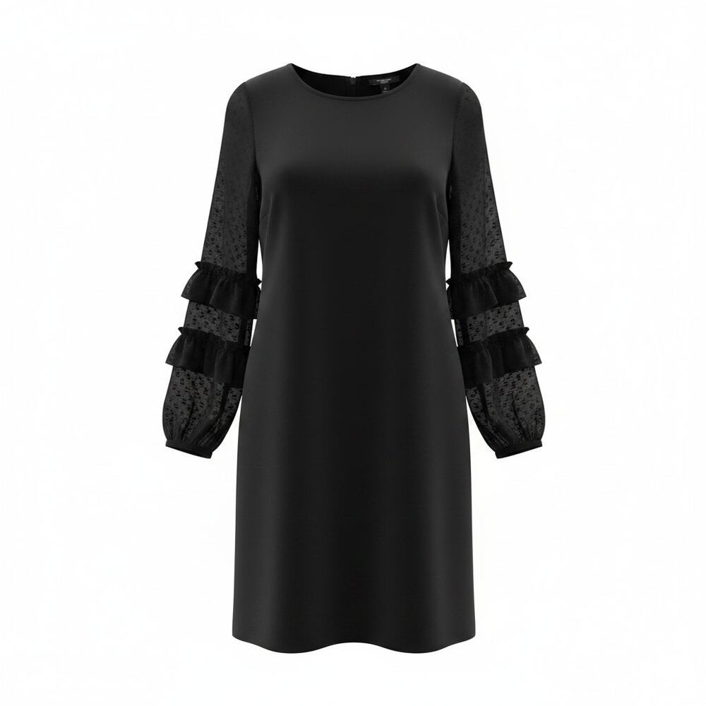 Ann Taylor Factory Women's Size 14P Black Dress Ruffled Swiss Dot Long Sleeve